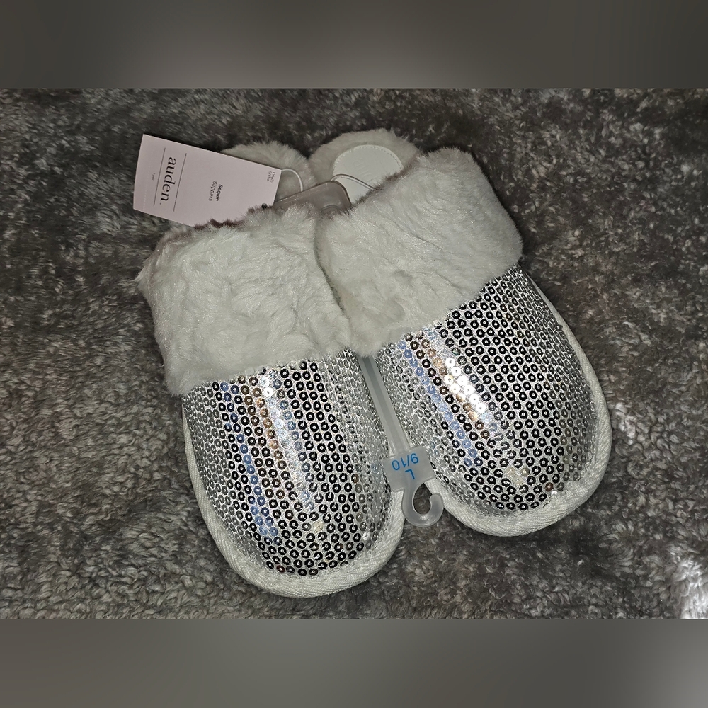 Silver Sequin Fur-Lined Slippers